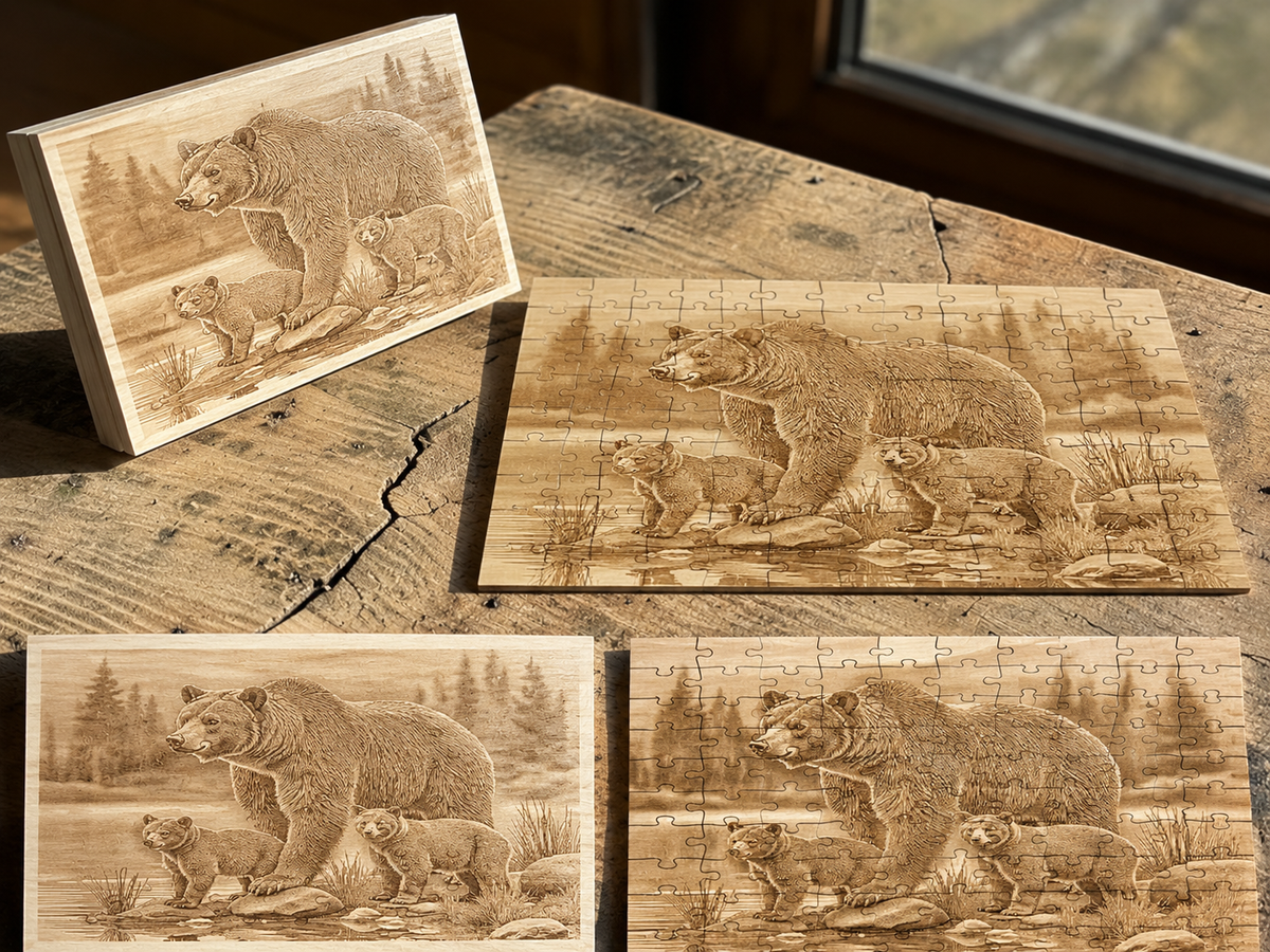 Bear & Cubs Engraved Wooden Puzzle | Alaska Edition
