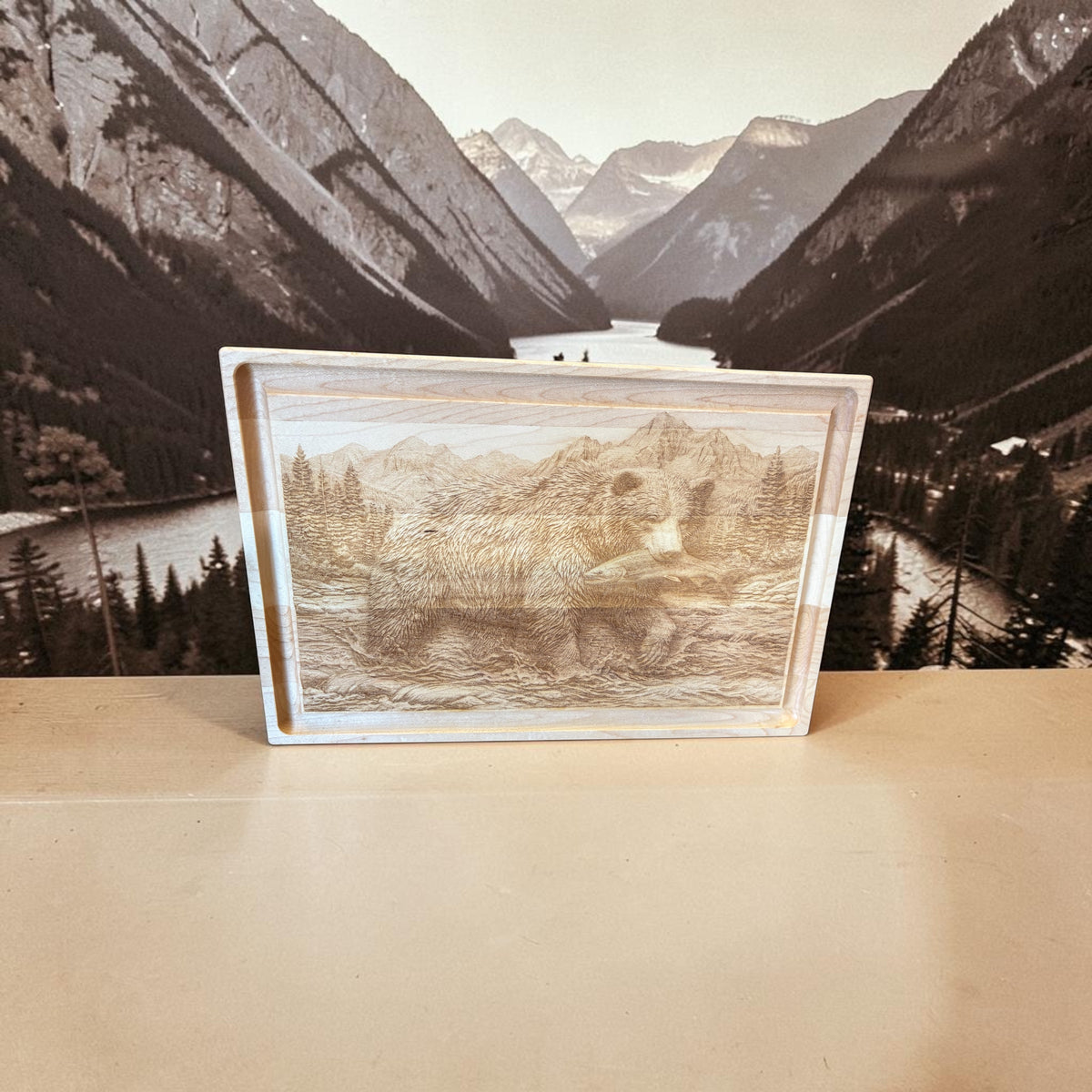 Grizzly Bear & Salmon Engraved Maple Cutting Board | Small Alaska Edition
