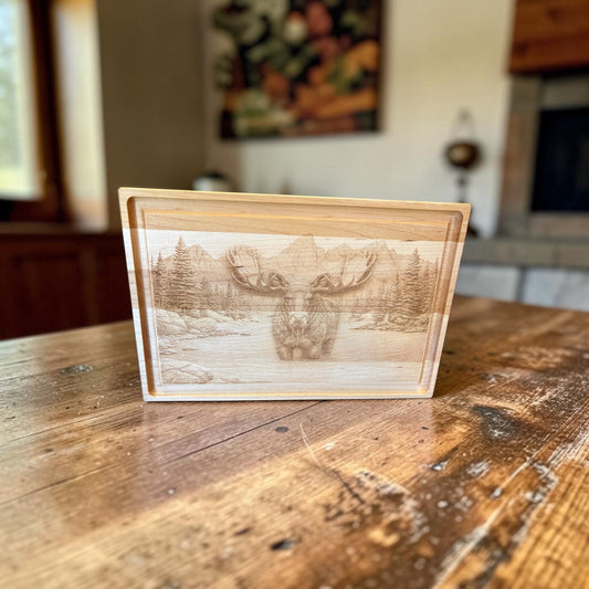 Moose in the Wilderness Engraved Maple Cutting Board | Small Alaska Edition